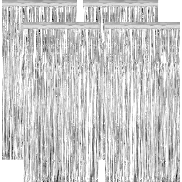 4 Pack Party Decorations, Metallic Silver Backdrop, Photo Booth Props Silver Curtains Tinsel Backdrop Foil Streamer, 21st Birthday Decorations Bachelorette Decor