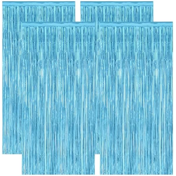 4 Pack Party Decorations, 3.28 FT x 7.05 FT Blue Foil Streamers, Metallic Sky Blue Backdrop Fringe Curtains Bithday Back Drop, Winter Backdrop for Party Supplies Door Decor Hanging