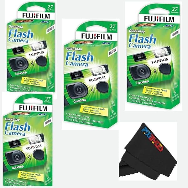 Fujifilm QuickSnap Flash 400 Disposable 35mm Camera with PixiBytes Microfiber Cleaning Cloth... (4 Packs (2 Twin Pack))