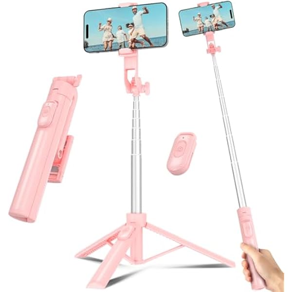 Selfie Stick Travel Tripod for Cell Phone with Remote Control and Phone Holder, Extendable Selfie Stick for iPhone, iPhone Tripod for Video Recording, 50 Inch, Pink