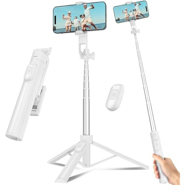 Selfie Stick Travel Tripod for Cell Phone with Remote Control and Phone Holder, Extendable Selfie Stick for iPhone, iPhone Tripod for Video Recording, 50 Inch, White