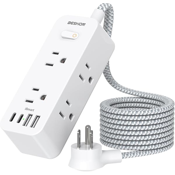 Power Strip Surge Protector, BESHON 5Ft Extension Cord, 6 Outlets with 4 USB Ports (2 USB C Outlet), 3-Side Outlet Extender, Wall Mount, Compact for Travel, Home, School, College Dorm Room and Office