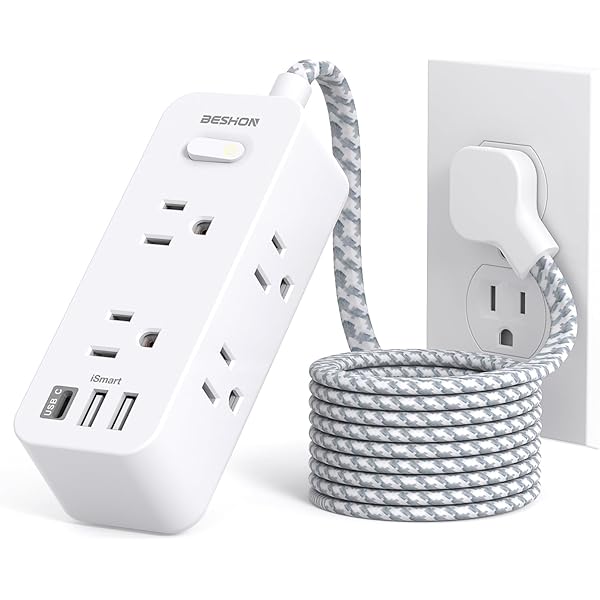 Flat Plug Power Strip, BESHON Flat Extension Cord, 5ft Ultra Thin Flat Plug Extension Cord - 6 AC with 3 USB Ports(1 USB C), Wall Mount, 3-Side Power Strip Surge Protector for Dorm Room Essentials