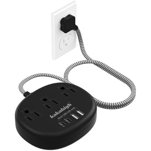 Short Extension Cord Black - Extension Cord 5 Feet, 1625W Extension Cord 3 Prong with 3 AC Outlet 4 USB (24W/4.8A), Bedside Charging Station for Home, Office and Dorm