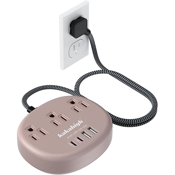Brown Extension Cord with Surge Protected 1080J - 5 FT Flat Braided Extension Cord, 1625W Tan Extension Cord with 3 AC Outlet 4 USB (24W/4.8A), Compact for Brown Tan Wood Walnut Grain Desk Accessories