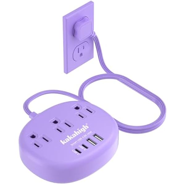 Purple Extension Cord with Surge Protected 1080J - 5 FT Flat Power Strip, 1625W Cute Extension Cord with 3 AC Outlet 4 USB (24W/4.8A), Compact for Cute Purple Kawaii Lavender Accessories