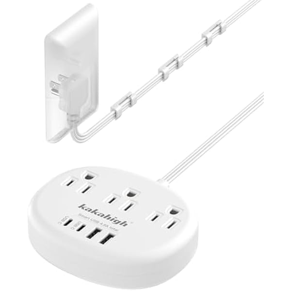 Flat Extension Cord with Outlet Cover & Cable Clips- 5 FT, 1625W Child Proof Extension Cord with 3 AC Outlet 4 USB (24W/4.8A), Flat 90 Degree Power Strip for Behind Furniture Couch Sofa TV, etc