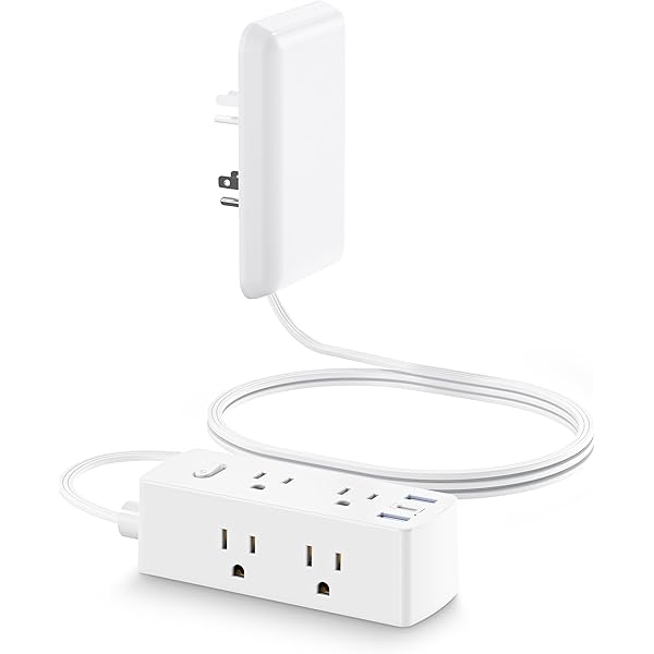 Flat Extension Cord with Outlet Cover, Flat Plug Power Strip with 6 Outlets and 3 USB Ports, 2000 Joules Surge Protector, 5 FT Cord Hidden Outlet Extender for Tight Spaces, White