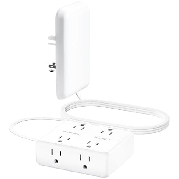 Flat Outlet Extender with Cover, Flat Plug Power Strip with 8 AC Outlets, 2000 Joules Surge Protector, 5FT Flat Extension Cord, Home Office Travel Dorm Room Essentials