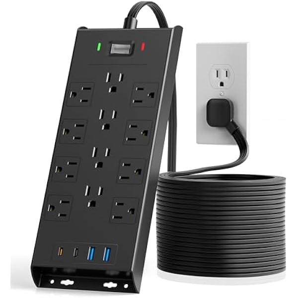 Flat Plug Power Strip - LeZone 4800J Surge Protector, 5Ft Extension Cord with 12 Outlets 2 USB C 2 USB Ports, Wall Mountable, 20W Desk Charging Station, Black