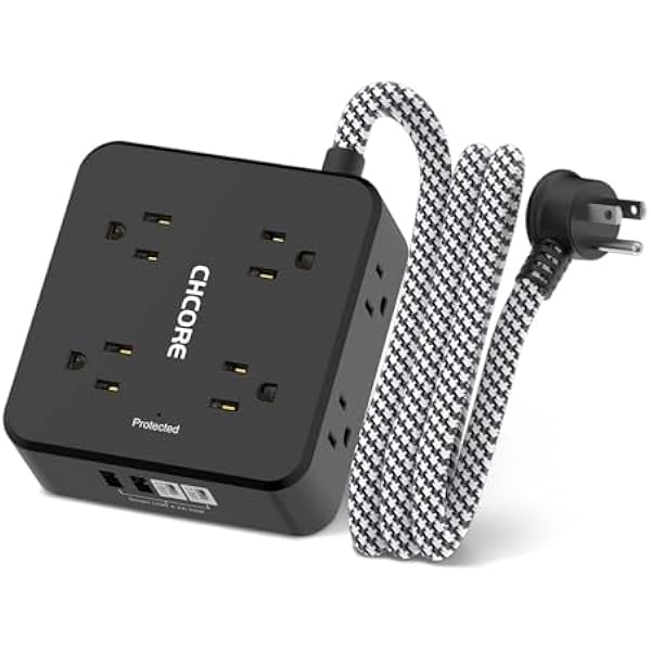 Surge Protector Power Strip - CHCORE 5Ft Braided Extension Cord with 8 Outlets with 4 USB (2 USB C) Charging Ports, Flat Plug Multi Plug Outlet Extender Charging Station for Home Office, ETL, Black
