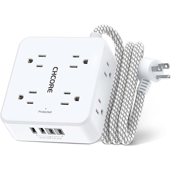 Surge Protector Power Strip - CHCORE 5Ft Braided Extension Cord with 8 Outlets with 4 USB (2 USB C) Charging Ports, Flat Plug Multi Plug Outlet Extender Charging Station for Home Office, ETL, White