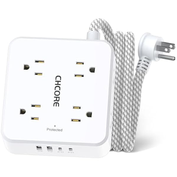 5Ft Flat Plug Braided Extension Cord - CHCORE Surge Protector Power Strip with 8 Outlets and 2 USB-C (PD 30W) Fast Charging Ports and 2 USB-A Ports for Home, Office, Dorm Room Essentials, ETL, White