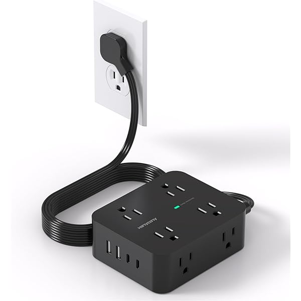 Power Strip Surge Protector, HANYCONY 5Ft Ultra Thin Flat Extension Cord with Multiple Outlets, 8 Widely Outlet Extender 4 USB Ports(2 USB C), 1080J Wall Mount for College Dorm Room Essentials Black