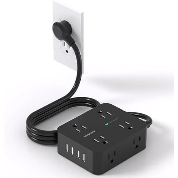 HANYCONY Power Strip Surge Protector, 5 Ft Exetnsion Cord with Multiple Outlets, Outlet Extender with 4 USB Ports, Flat Plug, Wall Mount for Home Office Dorm Room Essentials, ETI Listed, Black