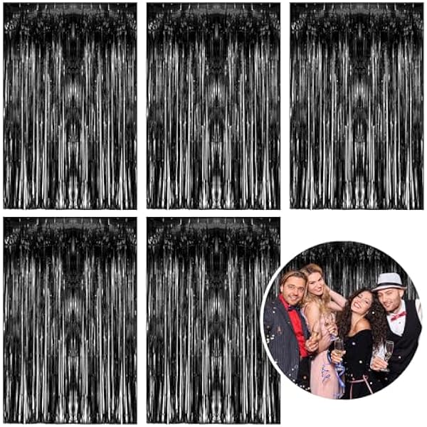 5 Pack Foil Curtain Backdrop Black Metallic Tinsel Foil Fringe Curtains Photo Booth Props for Birthday Wedding Engagement Baby Shower Bachelorette Christmas Holiday Celebration Party Decorations