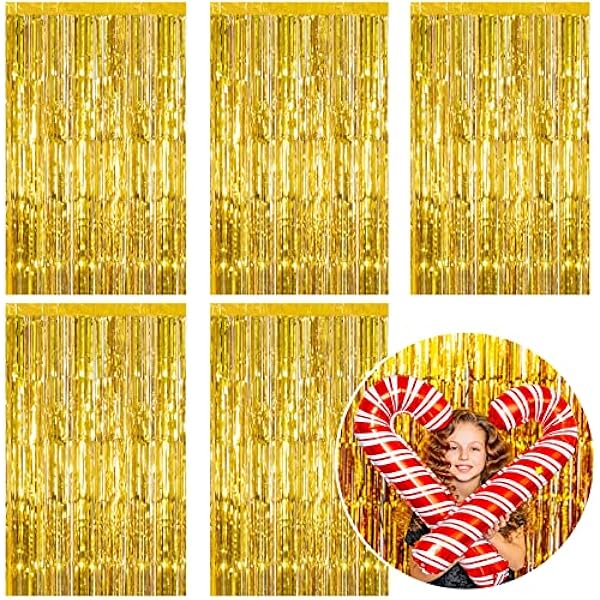 5 Pack Foil Curtain Backdrop Gold Metallic Tinsel Foil Fringe Curtains Photo Booth Props for Birthday Wedding Engagement Baby Shower Bachelorette Christmas Holiday Celebration Party Decorations