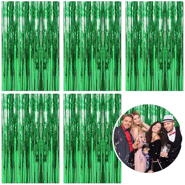 5 Pack Foil Curtain Backdrop Green Metallic Tinsel Foil Fringe Curtains Photo Booth Props for Birthday Wedding Engagement Baby Shower Bachelorette Christmas Holiday Celebration Party Decorations