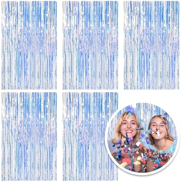 5 Pack Foil Curtain Backdrop Iridescent Metallic Tinsel Foil Fringe Curtains Photo Booth Props for Birthday Wedding Engagement Baby Shower Bachelorette Christmas Holiday Celebration Party Decorations
