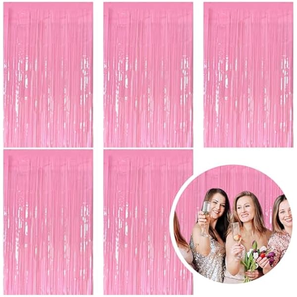 5 Pack Foil Curtain Pink Backdrop Streamers Metallic Tinsel Fringe Curtains Photo Booth Props for Birthday Wedding Engagement Bachelorette Christmas Holiday Celebration Party Decorations