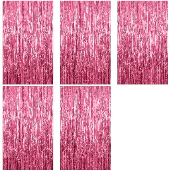 5 Pack Foil Curtain Backdrop Pink Metallic Tinsel Foil Fringe Curtains Photo Booth Props for Birthday Wedding Engagement Baby Shower Bachelorette Christmas Holiday Celebration Party Decorations