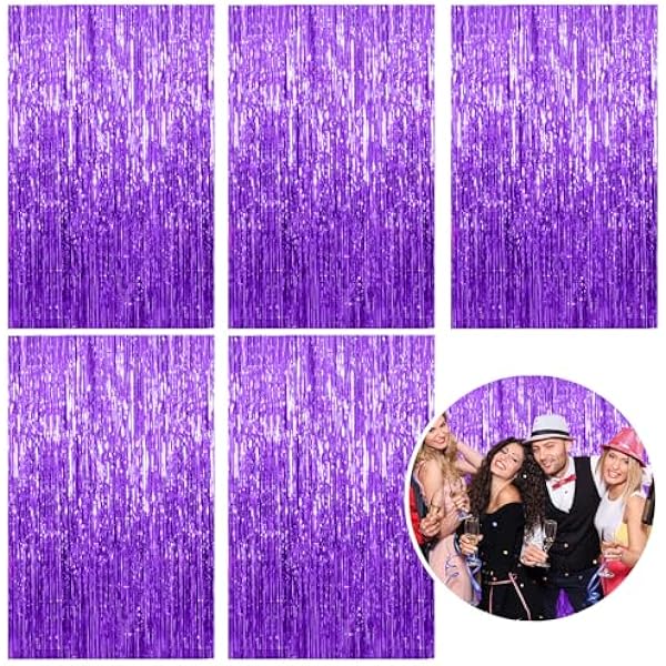 5 Pack Foil Curtain Backdrop Purple Metallic Tinsel Foil Fringe Curtains Photo Booth Props for Birthday Wedding Engagement Baby Shower Bachelorette Christmas Holiday Celebration Party Decorations
