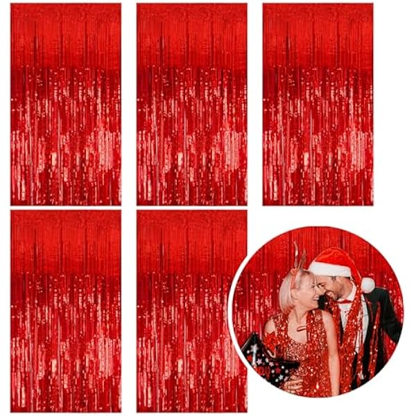 5 Pack Foil Curtain Backdrop Red Metallic Tinsel Foil Fringe Curtains Photo Booth Props for Birthday Wedding Engagement Baby Shower Bachelorette Christmas Holiday Celebration Party Decorations
