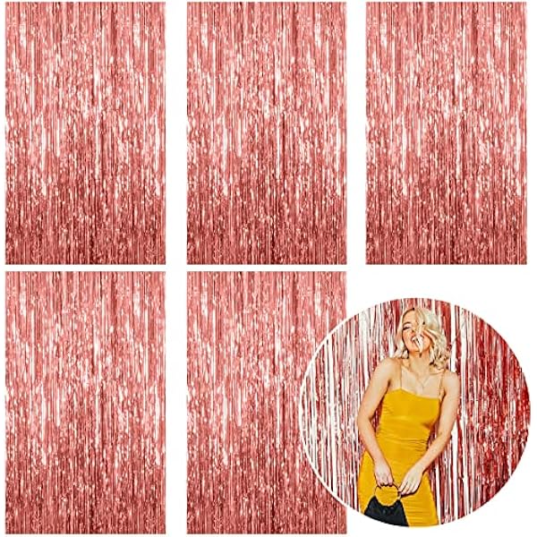 5 Pack Foil Curtain Backdrop Rose Gold Metallic Tinsel Foil Fringe Curtains Photo Booth Props for Birthday Wedding Engagement Baby Shower Bachelorette Christmas Holiday Celebration Party Decorations