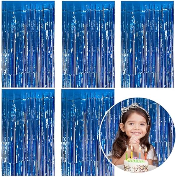 5 Pack Foil Curtain Backdrop Blue Metallic Tinsel Foil Fringe Curtains Photo Booth Props for Birthday Wedding Engagement Baby Shower Bachelorette Christmas Holiday Celebration Party Decorations