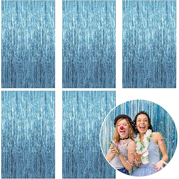 5 Pack Foil Curtain Backdrop Blue Metallic Tinsel Foil Fringe Curtains Photo Booth Props for Birthday Wedding Engagement Baby Shower Bachelorette Christmas Holiday Celebration Party Decorations