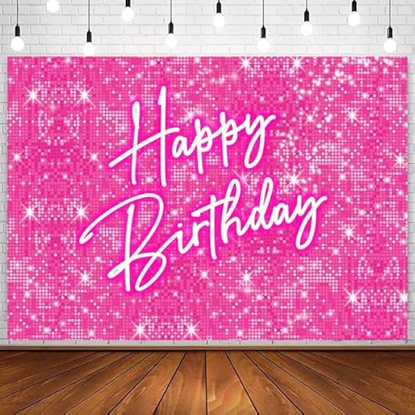 InMemory Shiny Pink Happy Birthday Backdrop for Lady Girls Women Princess Theme Party Decorations Birthday Banner Neon Photo Booth Studio Props Photography Background 5x3ft