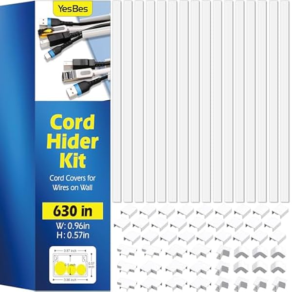 630in Cord Hider Kit, Paintable Cable Raceway, Cord Covers for Wires on Wall, Cord Hider for Wall Mount tv, tv Cable Hider Wall kit, Wire Covers for Cords, 40X L15.7in X W0.96in X H0.57in, White