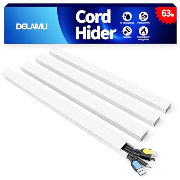 Delamu Cord Hider, 63in Wire Covers for 3-4 Cords on Wall, Premium Cable Hider Cord Covers for Wires, Cable Management Wire Hiders for TV, Cable Raceway Kit, W1.18x H0.6in, White