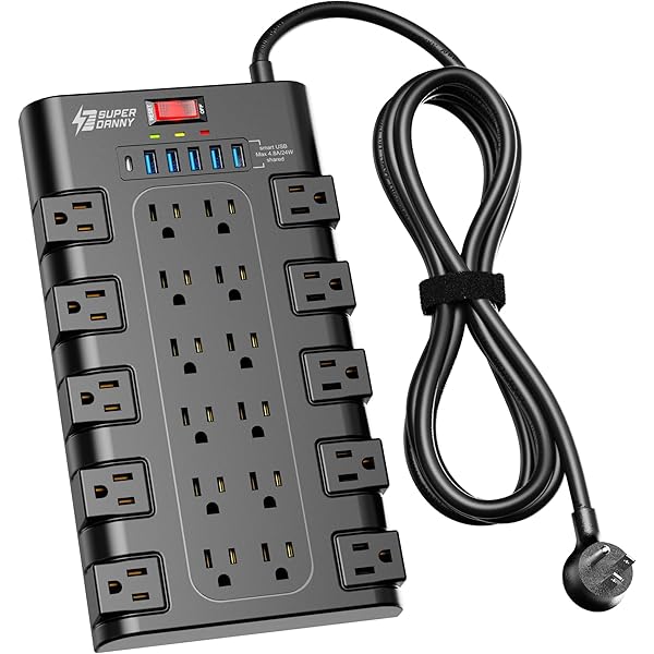 Power Strip, SUPERDANNY Surge Protector with 22 AC Outlets and 6 USB Charging Ports, 1875W/15A, 2100 Joules, 6.5Ft Flat Plug Heavy Duty Extension Cord for Home, Office, Dorm, Gaming Room, Black