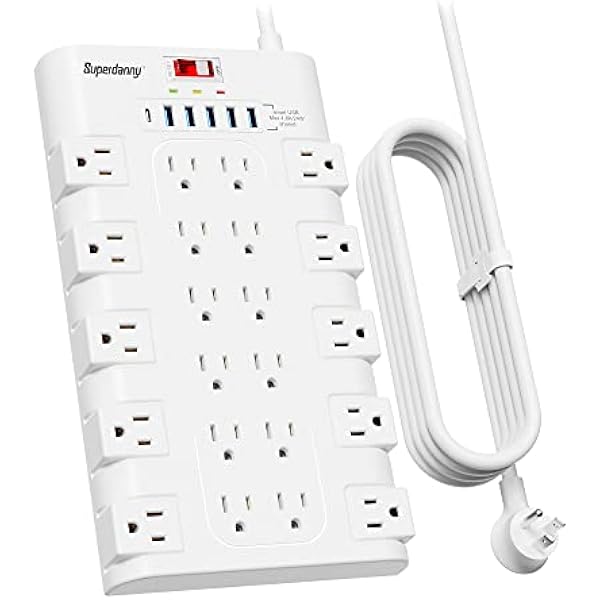 SUPERDANNY Power Strip Surge Protector with 22 AC Outlets and 6 USB Charging Ports, 6.5Ft Mountable Flat Plug Extension Cord (1875W/15A) for Home, Office, Dorm, Gaming Room, 2100 Joules, White