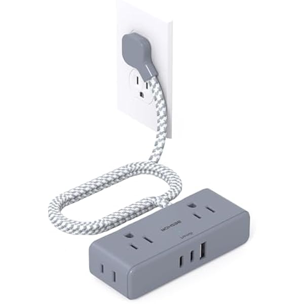 Flat Plug Power Strip 6 feet, 4 Widely Outlets with 3 USB Ports (2 USB C), 3 Side Outlet Extender with Extension Cord with Multiple Outlets for Home, Office, Dorm Room Essentials Gray