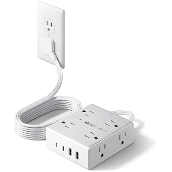 Flat Plug Surge Protector Power Strip, 6ft Ultra Thin Extension Cord with 4 USB (2 USB C Port), 8 Outlets Desk Charging Station, Wall Mountable Outlet Extender for Home Office, College Dorm Room