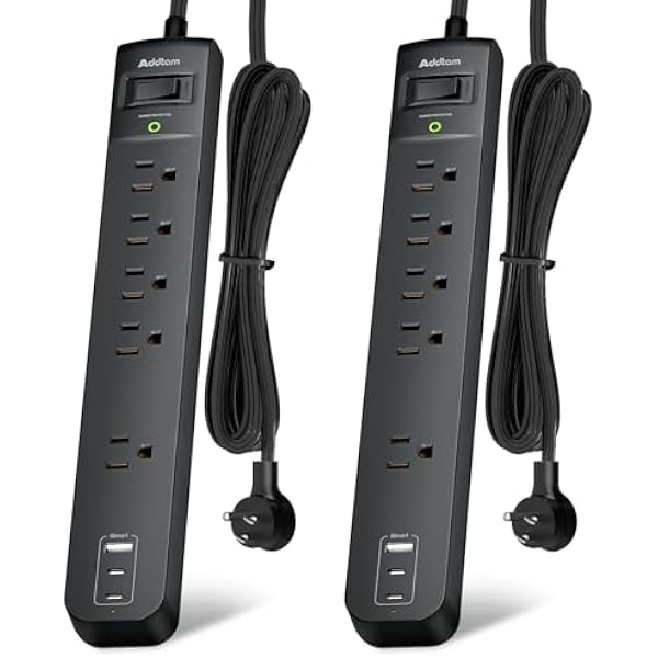 6Ft Power Strip Surge Protector - Addtam Extension Cord with 5 AC Outlets 3 USB Ports(2 USB C), 1875W/15A, Flat Plug, Outlet Extender for Home Office Supplies College Dorm Room Essentials,ETL Listed