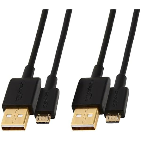 Amazon Basics 2-Pack USB-A to Micro USB Charging Cable, 480Mbps Transfer Speed with Gold-Plated Plugs, USB 2.0, 6 Foot, Black