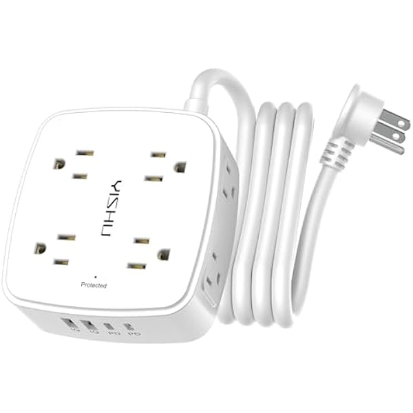 Surge Protector Power Strip - YISHU 8 Widely Outlets with 2 USB-C(PD 30W) and 2 USB-A Ports, 3 Side Outlet Extender with 6Ft Flat Plug Extension Cord, Wall Mount, Desk USB Charging Station, ETL,White