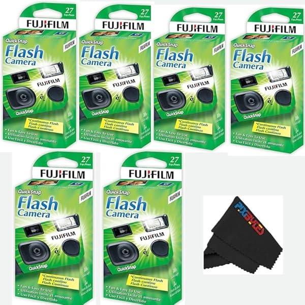 Fujifilm QuickSnap Flash 400 Disposable 35mm Camera with PixiBytes Microfiber Cleaning Cloth... (6 Packs (3 Twin Pack))