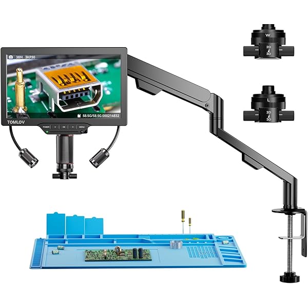 TOMLOV 3D Digital Microscope for Soldering: Magnetic Dual Lens Micro Scope TM3K-3D for Adult, Coin Microscope with Flex Arm, 3K 7-Inch IPS Screen, HDMI/USB Output, Gooseneck Light, Repair Mat, 64GB