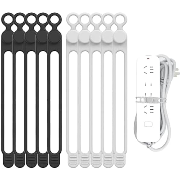 Silicone Cable Straps, 10pcs Extra-Long Reusable Hanging Organizer for Cables, Kitchen, Home, School (Black & White)