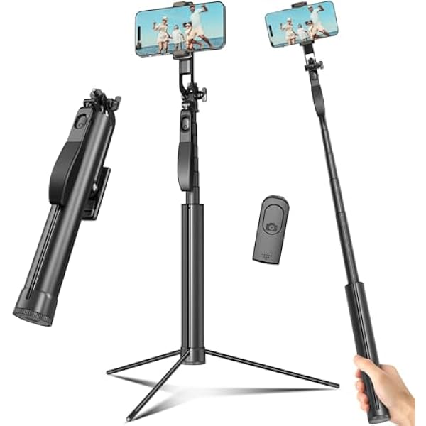 Selfie Stick Travel Tripod for Cell Phone with Remote Control and Phone Holder, Extendable Selfie Stick for iPhone, iPhone Tripod for Video Recording, 72 Inch, Black