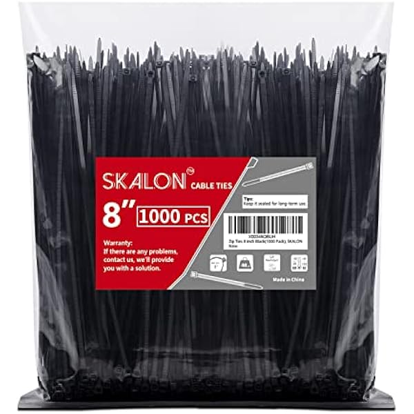 Zip Ties 8 inch (1000 Pack), 40lbs Tensile Strength, Black Cable Ties, Wire Ties for indoor and outdoor use, by Skalon