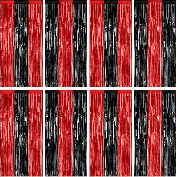 8 Pack Halloween Party Supplies, 3.28 FT x 7.05 FT Red and Black Foil Streamer, Metallic Fringe Curtains Tinsel Backdrop Party Streamer, Hanging Halloween Decorations Casino Party Decor