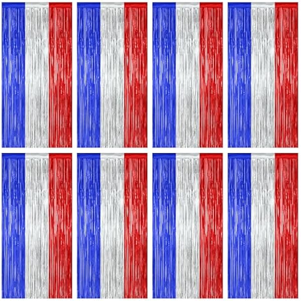 8 Pack 4th of July Photo Backdrop, 3.28 FT x 7.08 FT Fourth of July Decorations, Metallic Blue Silver Red Patriotic Tinsel Backdrop Foil Curtains, Patriotic Independence Day Decorations