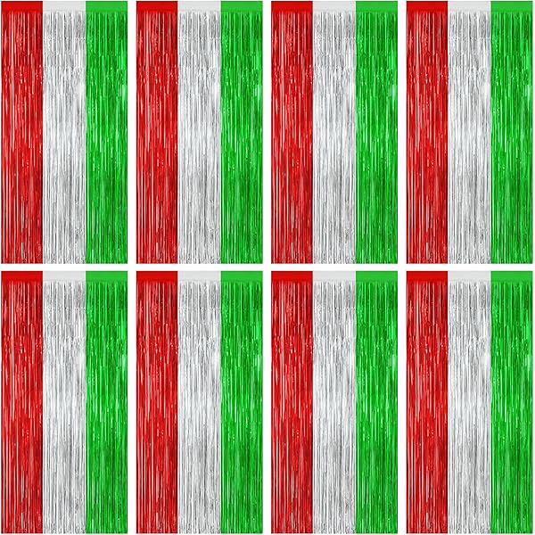 8 Pack Christmas Photo Backdrop, 3.28 FT x 7.05 FT Red Silver Green Party Streamer, Metallic Foil Fringe Curtains Tinsel Backdrop, Christmas Photo Booth Props Door Decor Party Supplies