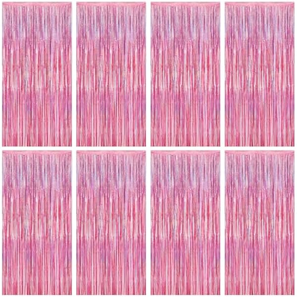 8 Pack Pink Backdrop, 3.28 FT x 7.05 FT Fringe Curtains, Metallic Glitter Pink Fringe Party Streamer Foil Curtains Tinsel Backdrop, Pink Decorations Bachelorette Party Supplies Birthday Decor