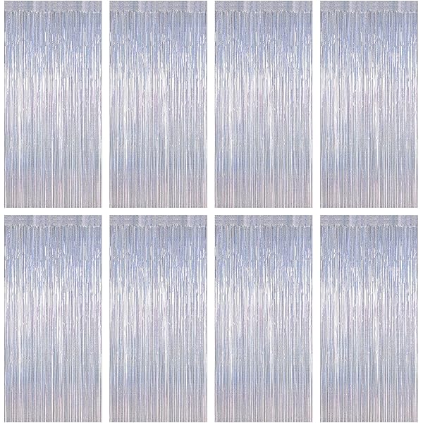 8 Pack Fringe Backdrop, 3.28 FT x 7.05 FT Glitter Silver Fringe Tinsel, Metallic Foil Curtains Disco Photo Backdrop Foil Streamer, Silver Party Decorations Disco Decor Engagement Party Supplies